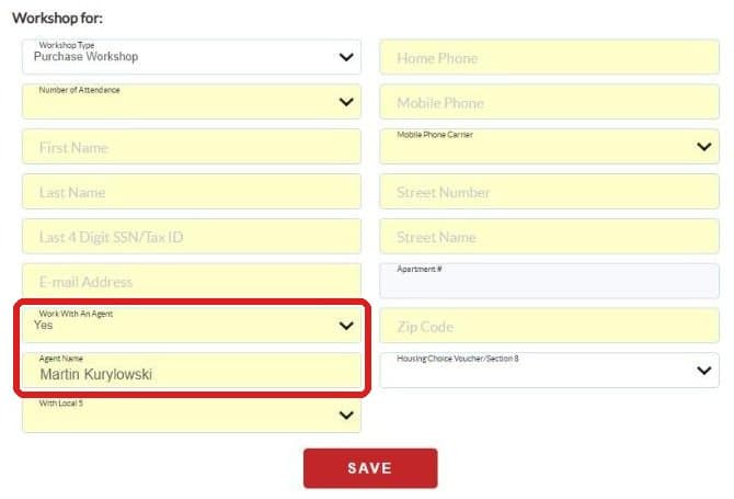 NACA's Workshop Sign-Up form, with Work With An Agent set to Yes and Martin Kurylowski typed in the Agent Name box