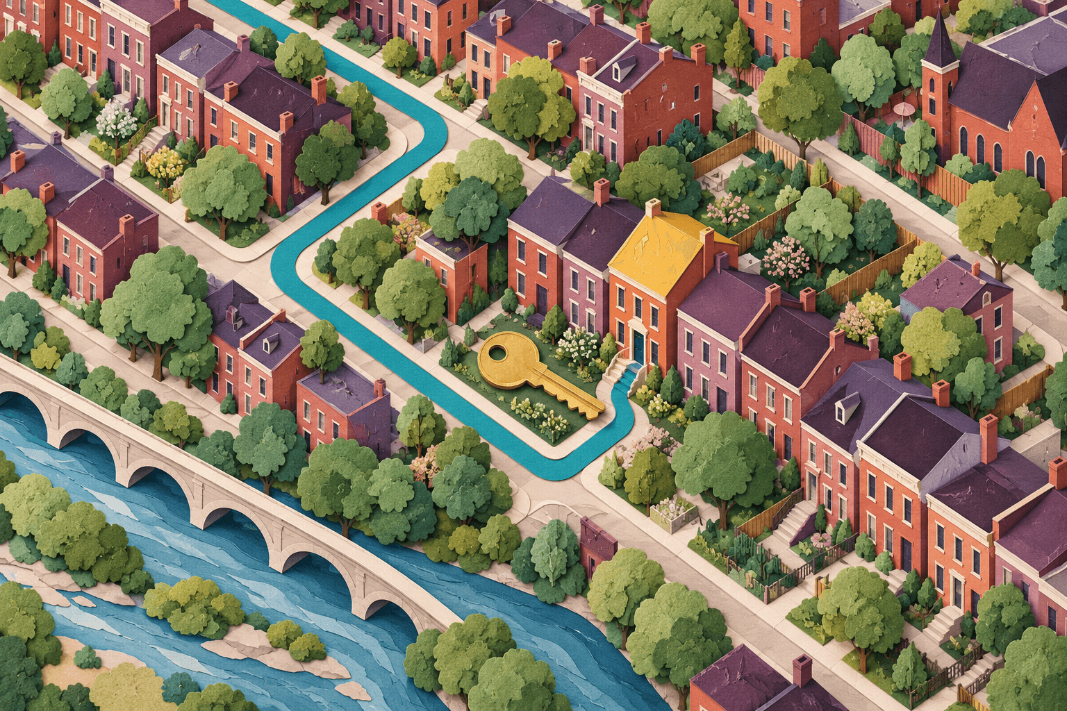 Paper collage of a Richmond-style neighborhood, with a teal path leading to a highlighted home beside a large gold key.