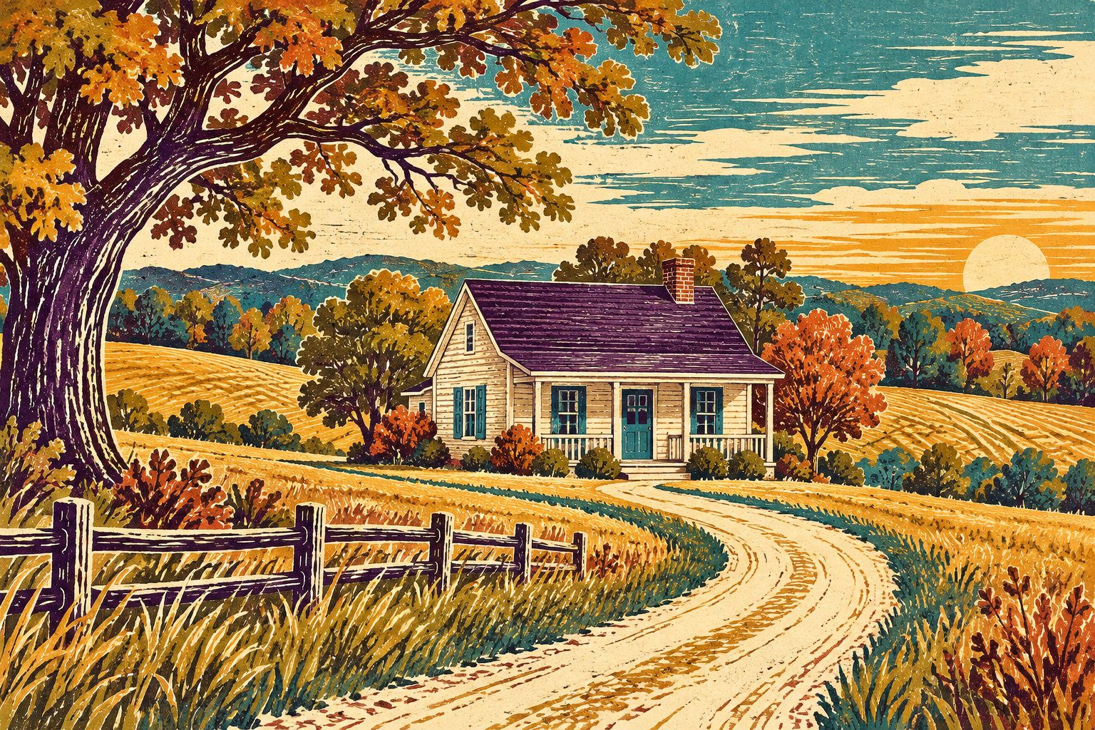 Linocut illustration of a country home among golden fields and autumn trees, with a winding lane and split-rail fence.