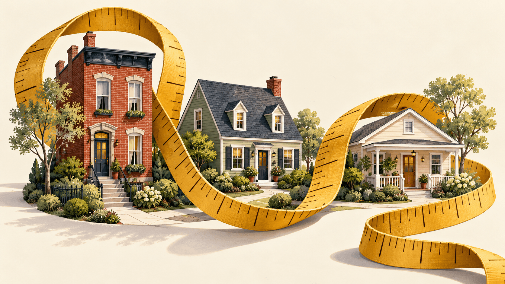 An oversized yellow measuring tape loops around a brick rowhouse, a Cape Cod, and a cottage, symbolizing finding a home that fits your budget.
