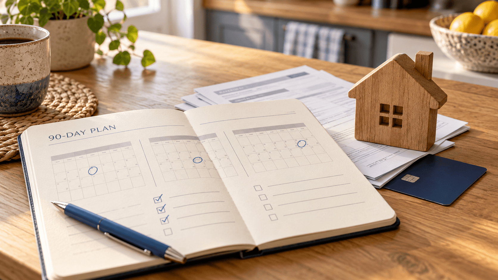 A 90-day planner and checklist beside credit reports, a credit card, and a small wooden house on a sunlit table.