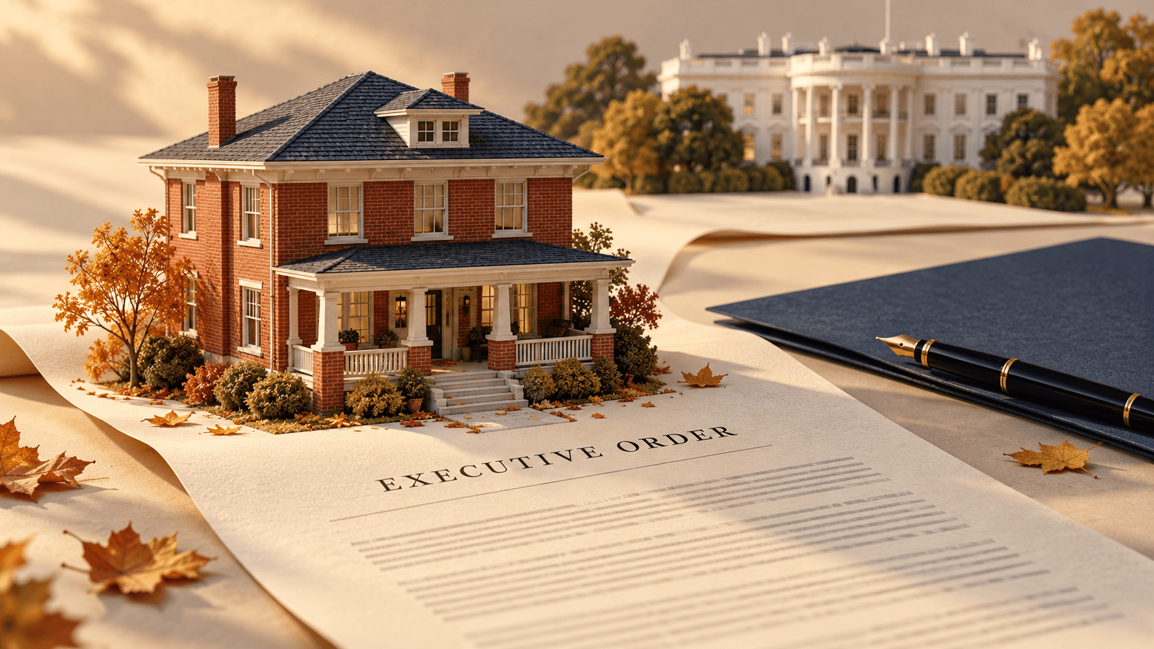 Richmond-style brick home atop an executive order document, with a fountain pen nearby and the White House in the background.