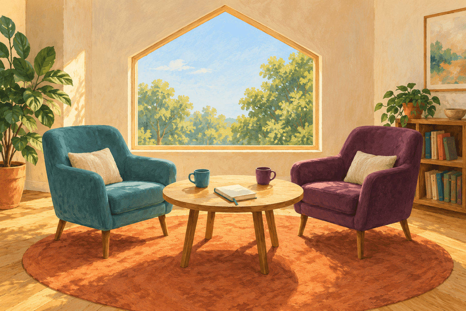 Warm illustrated counseling room with two armchairs, mugs and a notebook on a round table, and a house-shaped window.