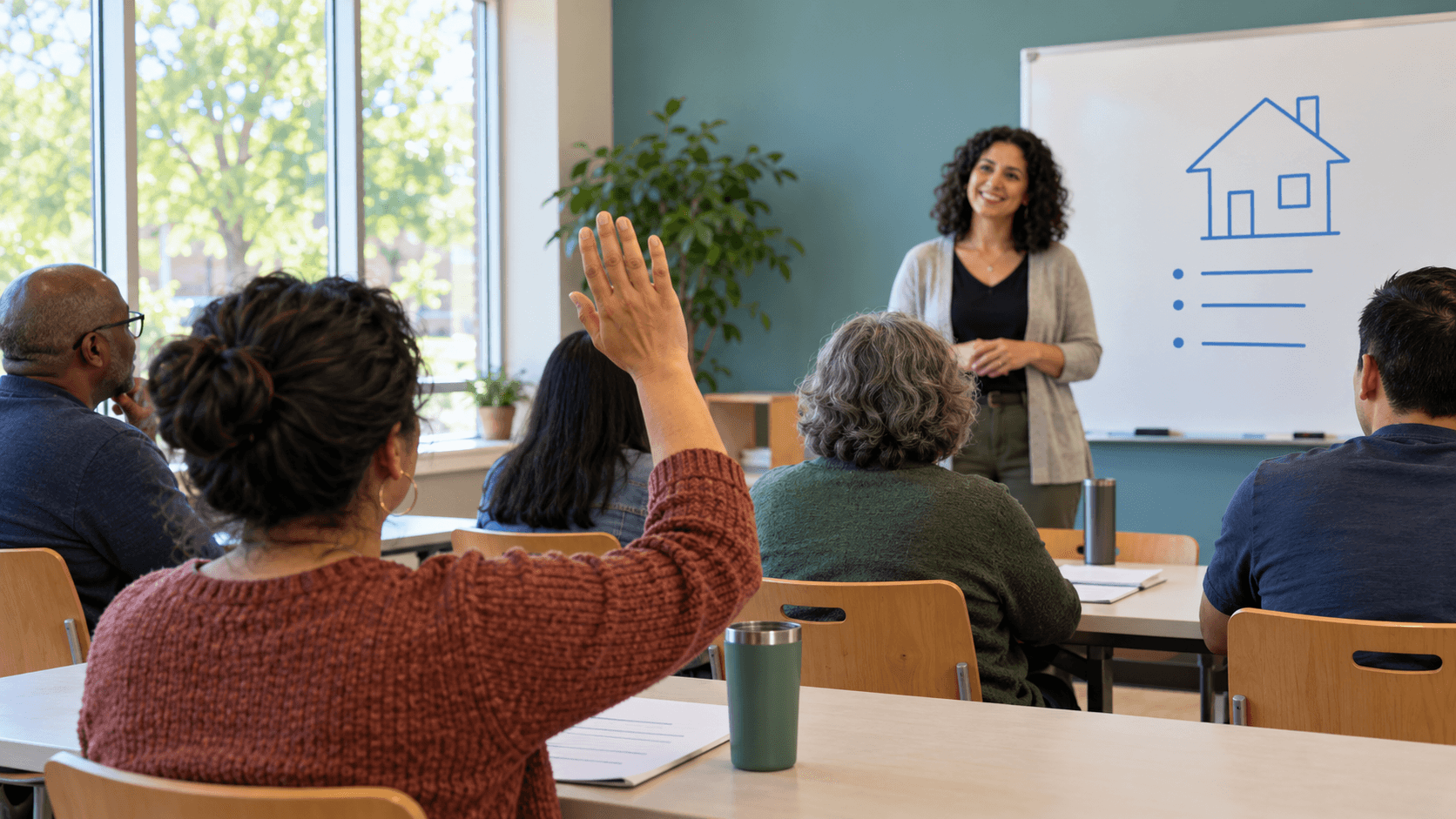 A participant raises a hand during a homebuyer class, with an instructor beside a whiteboard showing a house.