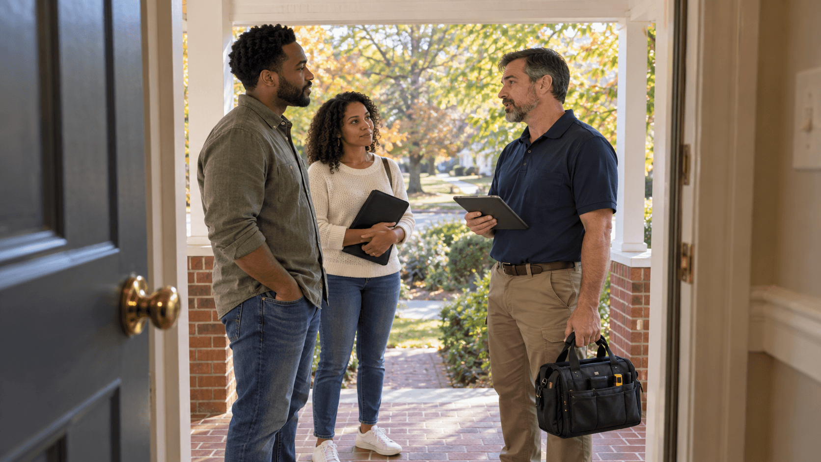 Homebuyers speak with an inspector holding a tablet and tool bag on a front porch, viewed through an open doorway.