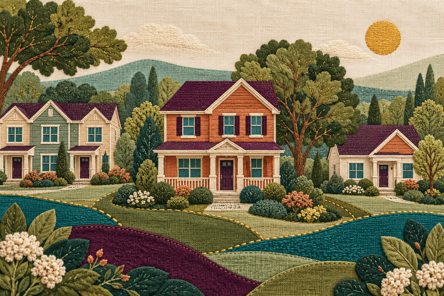 Embroidered neighborhood landscape with homes, trees, and gardens joined by gold stitching across colorful fabric panels.